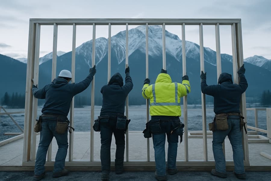 Workers seen from behind raising a timber-framed wall with mountains in the distance