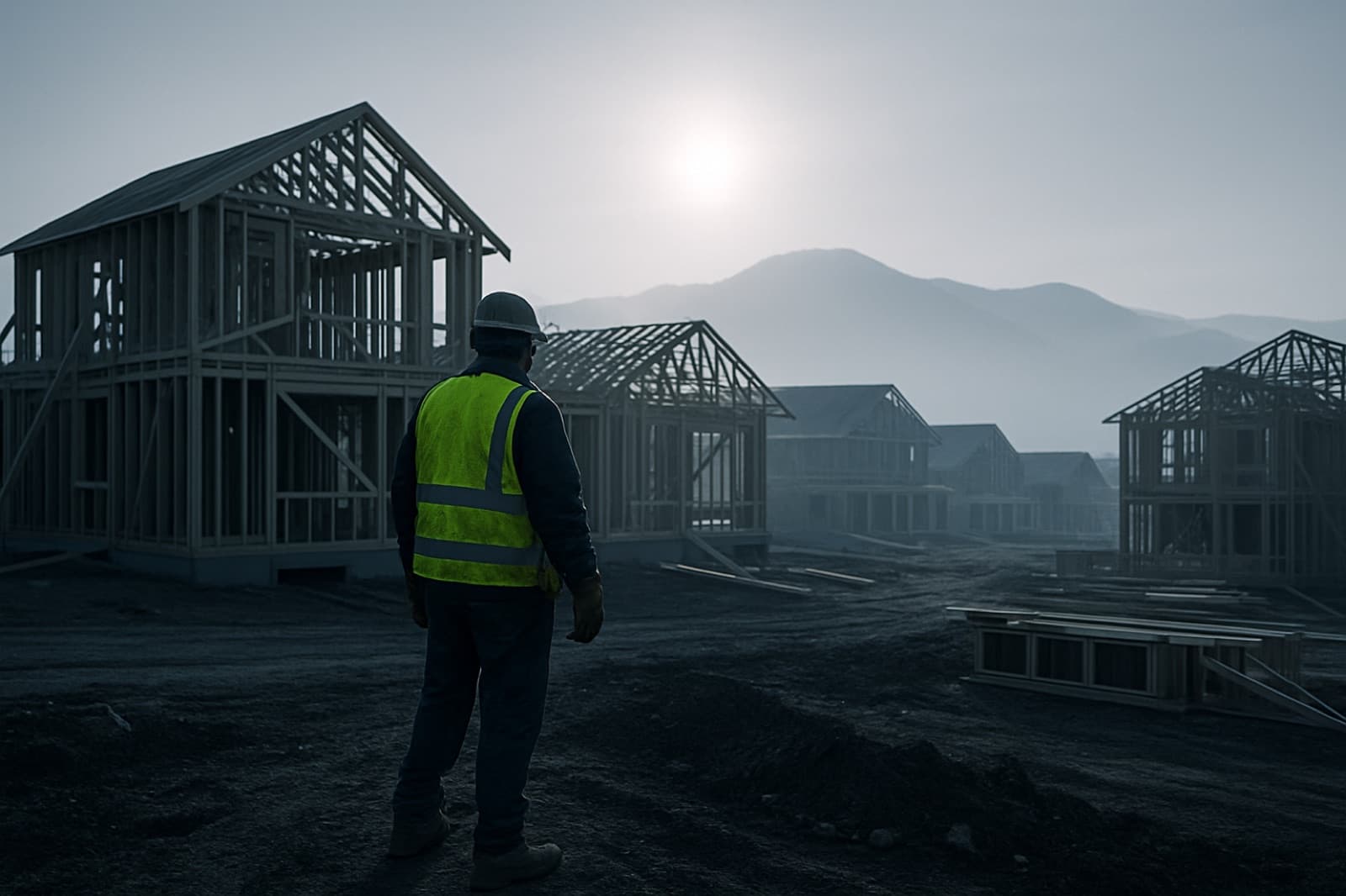 A contractor in a hard hat and hi-vis vest facing a subdivision of framed houses with mountains behind